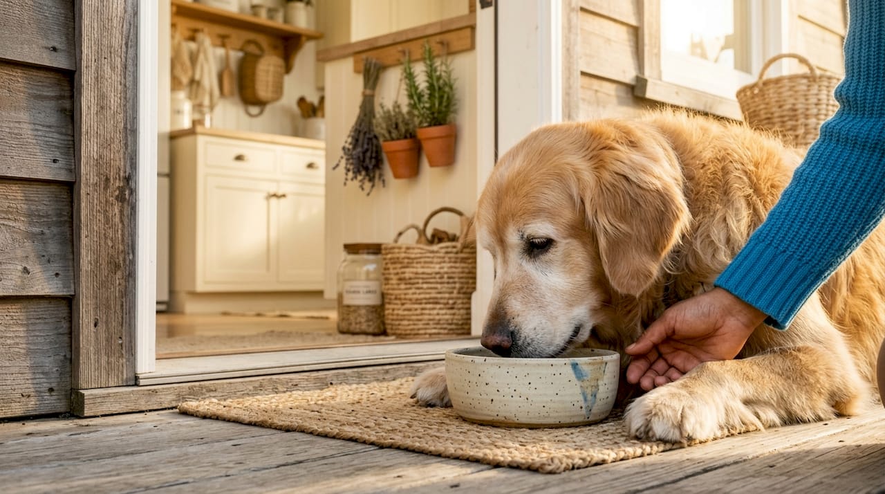 Senior dog eating food during transition