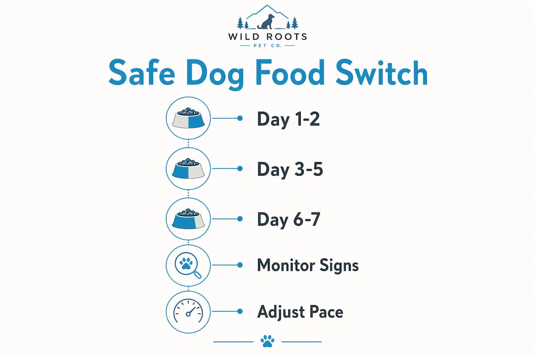 Infographic showing step-by-step dog food switching schedule