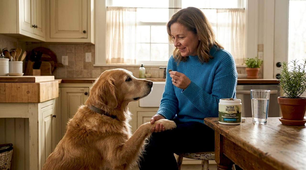 Woman giving dog joint supplement at home