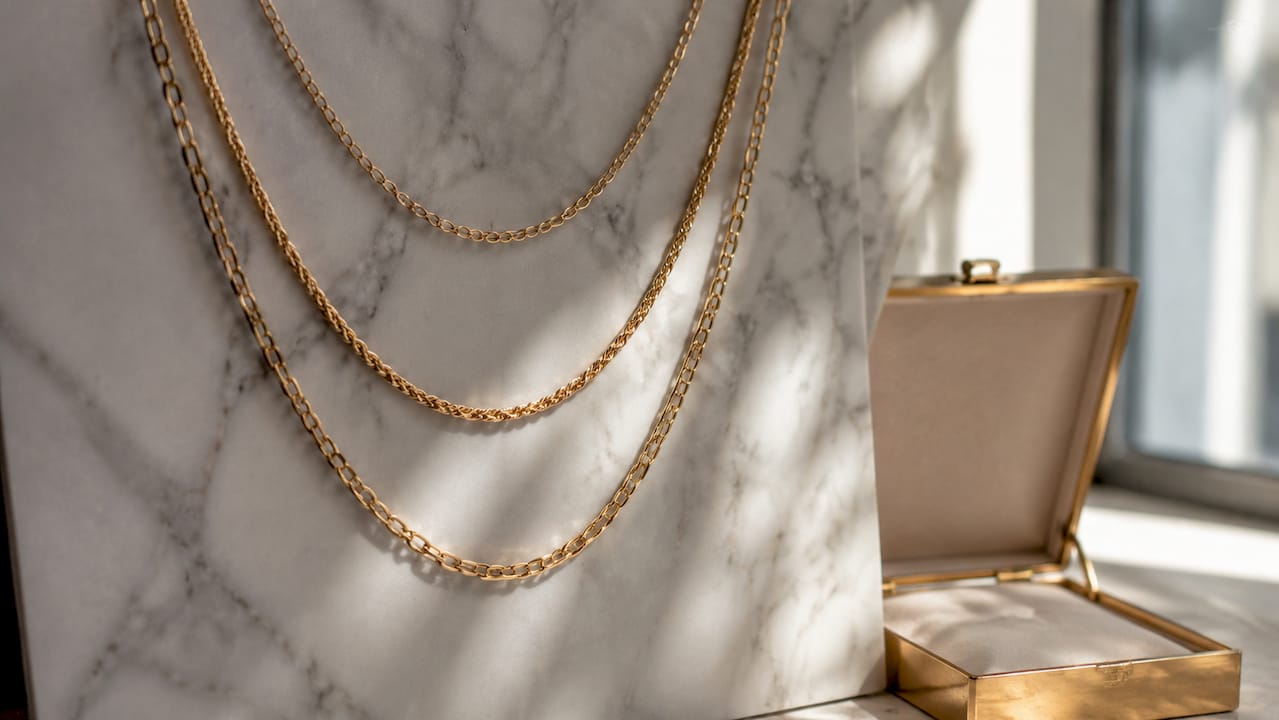 Three gold necklaces layered showing length difference