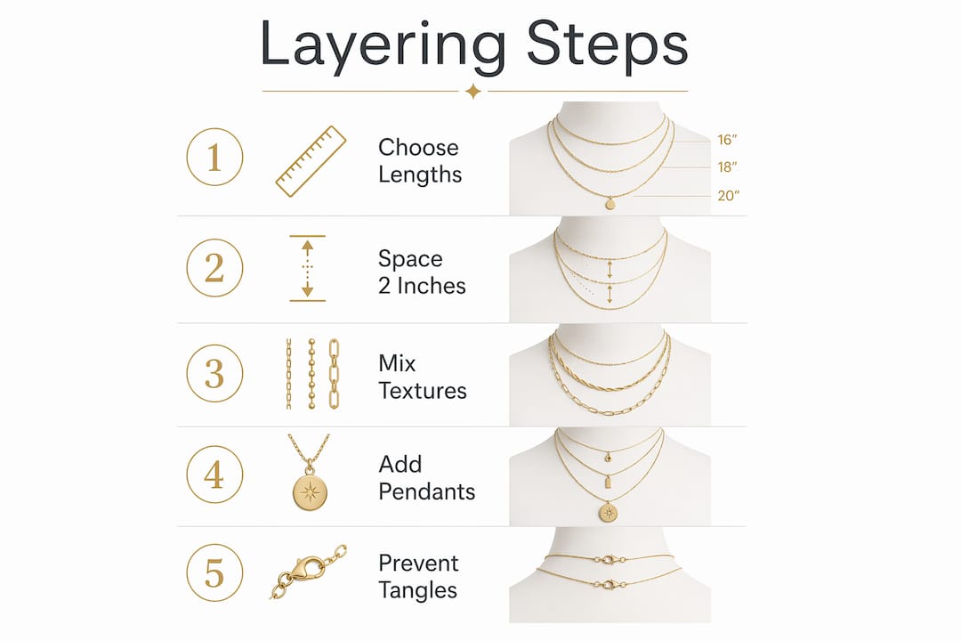 Infographic detailing steps for layering gold necklaces