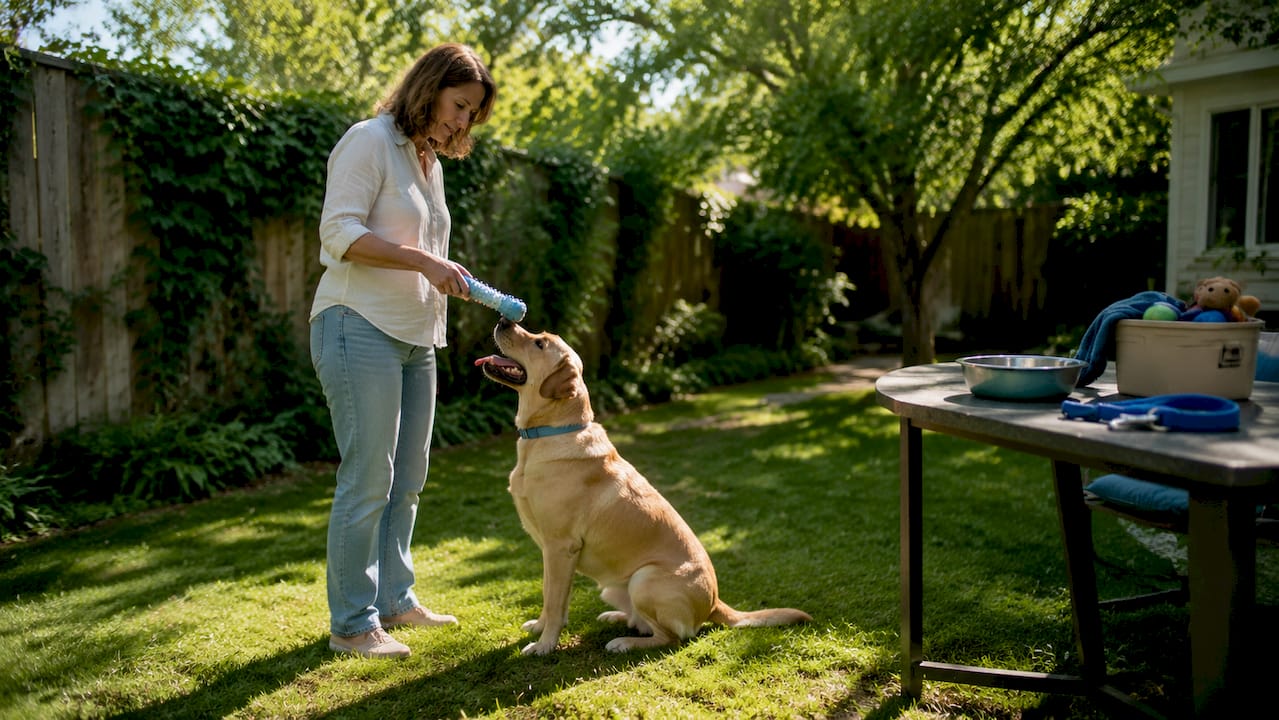 Woman measuring dog toy size against Labrador's mouth