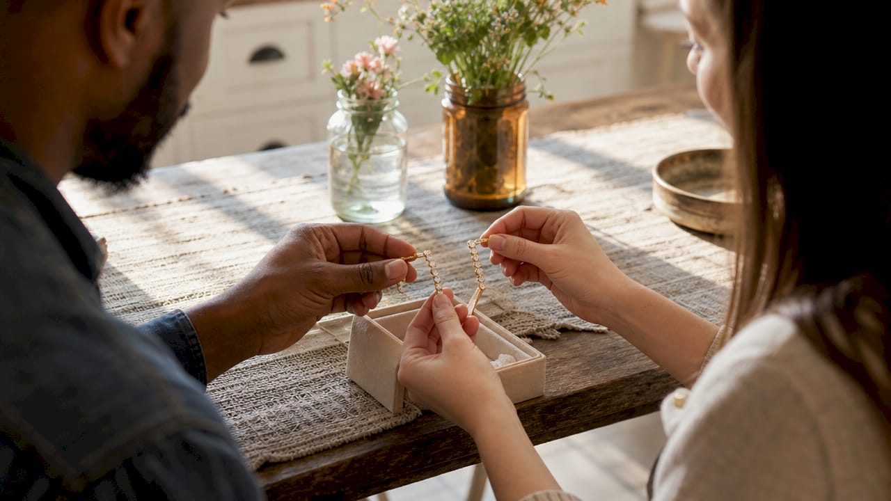 Hands comparing jewelry pieces at table