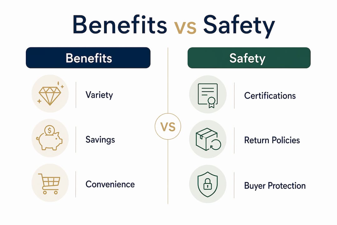 Infographic comparing benefits and safety aspects of buying jewelry online