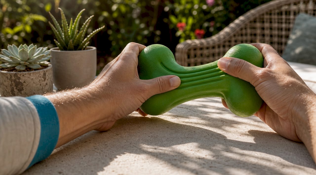 Hands squeezing a rubber dog toy testing durability