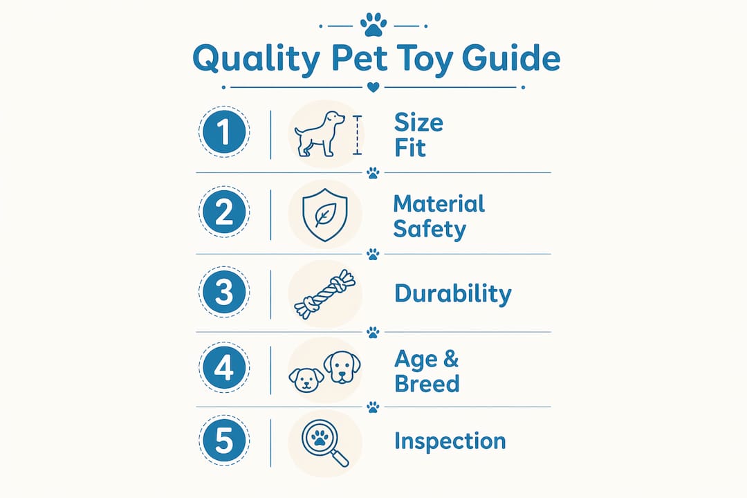 Infographic outlining five steps to select quality pet toys