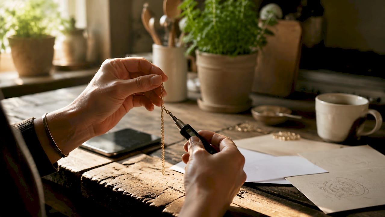 Hands testing gold chain purity with tester pen