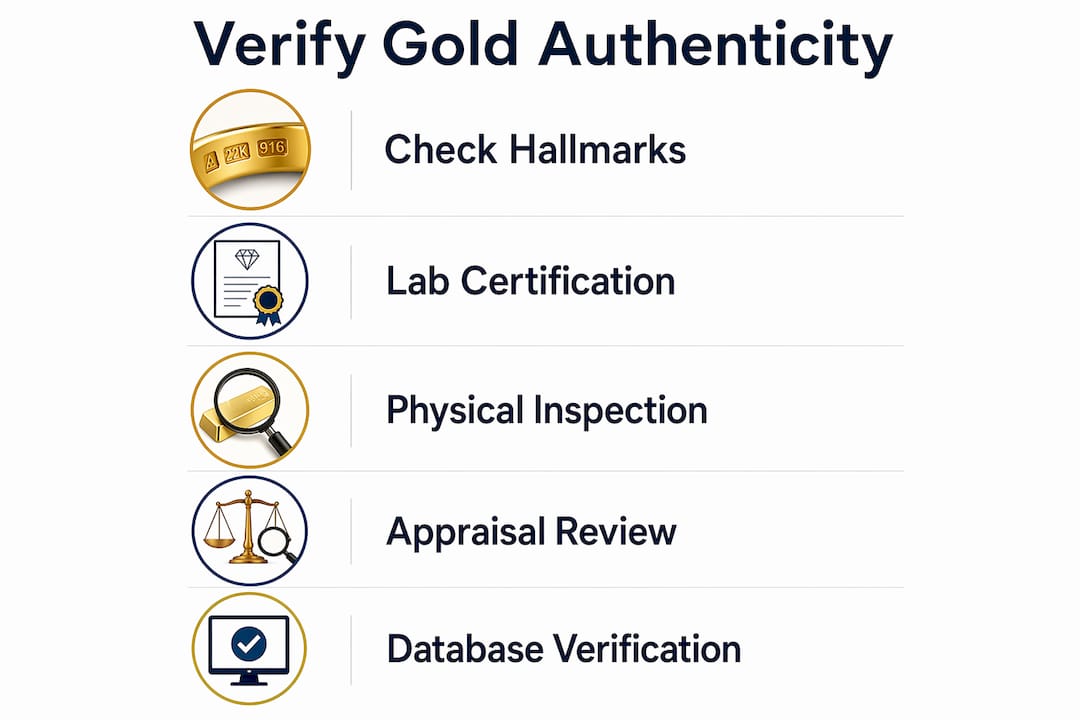 Infographic showing steps to verify gold jewelry authenticity