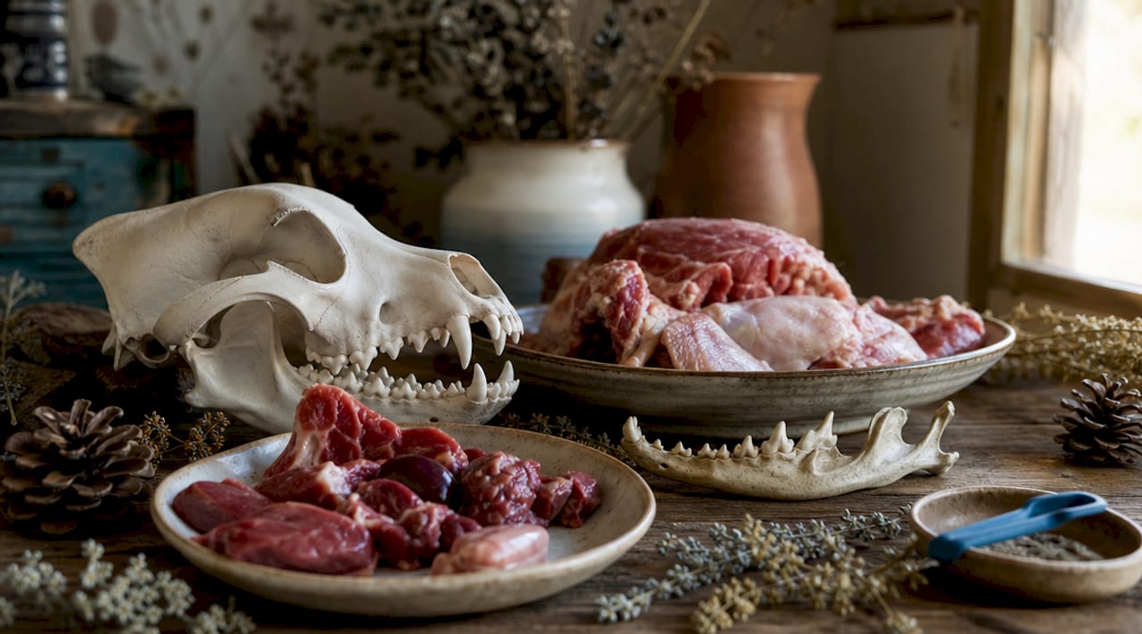 Canine and feline anatomical pieces with raw meat samples