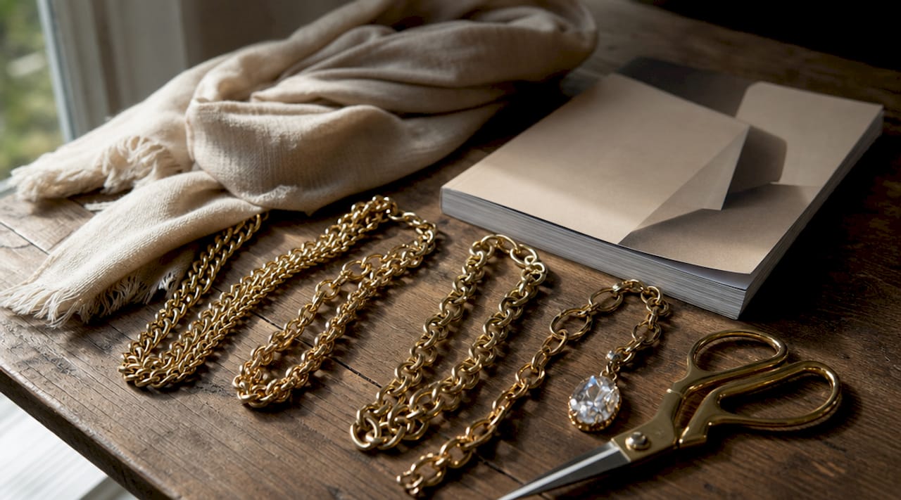 Flat lay of chunky gold chains with styling props