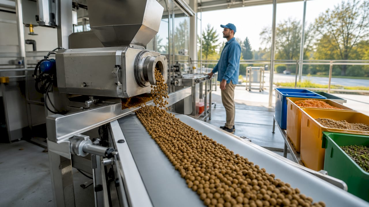 Close-up of pet food kibble extrusion machine operation