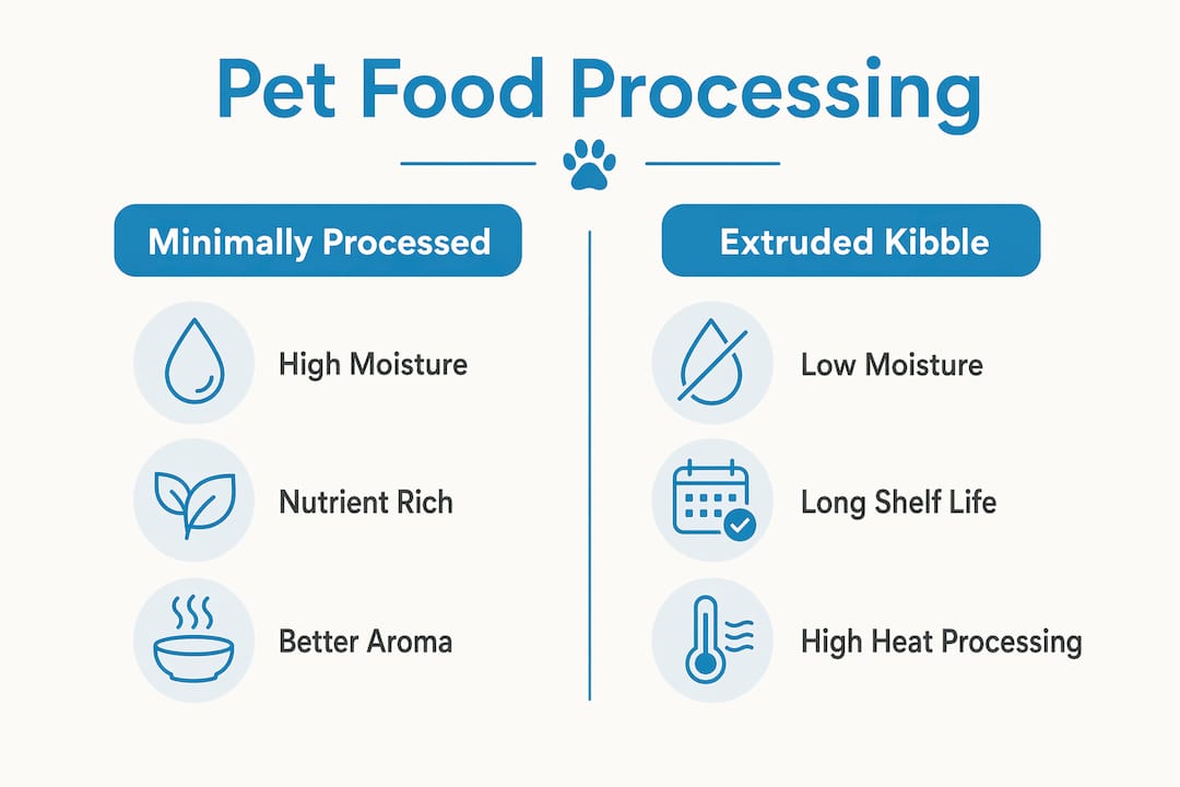 Infographic comparing minimally processed pet food and extruded kibble