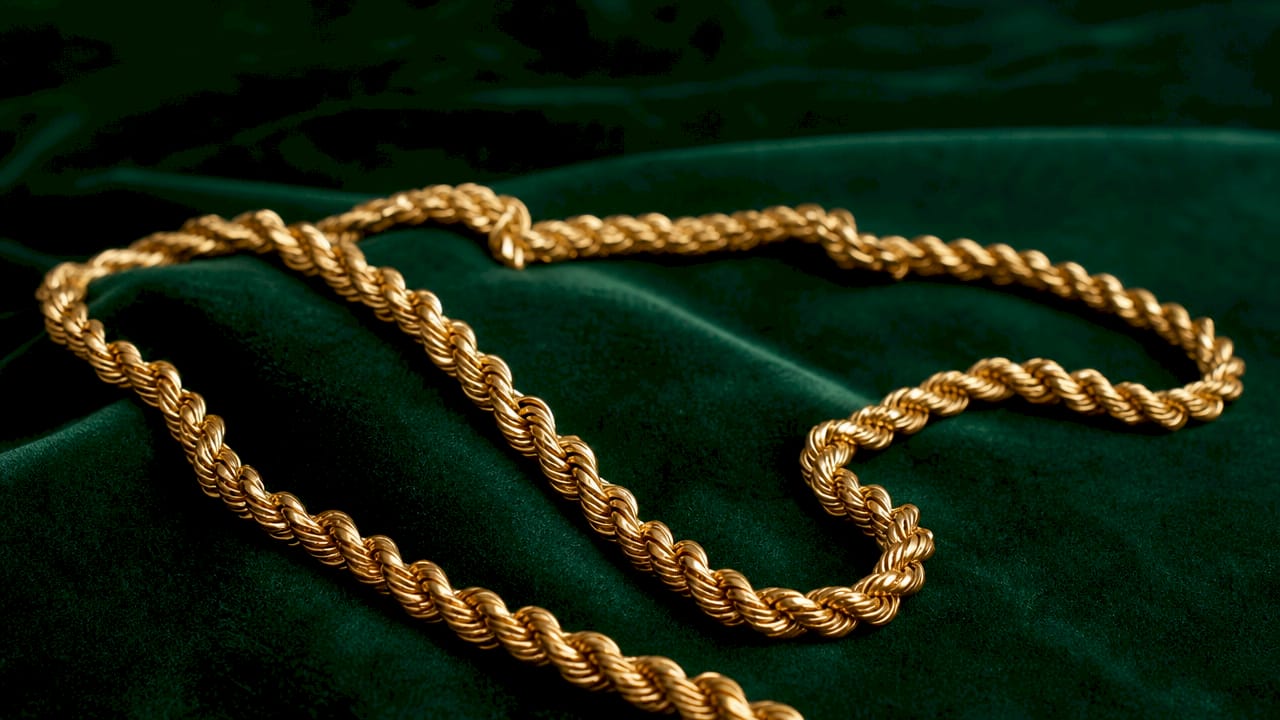 Close-up of intertwined gold rope chain links