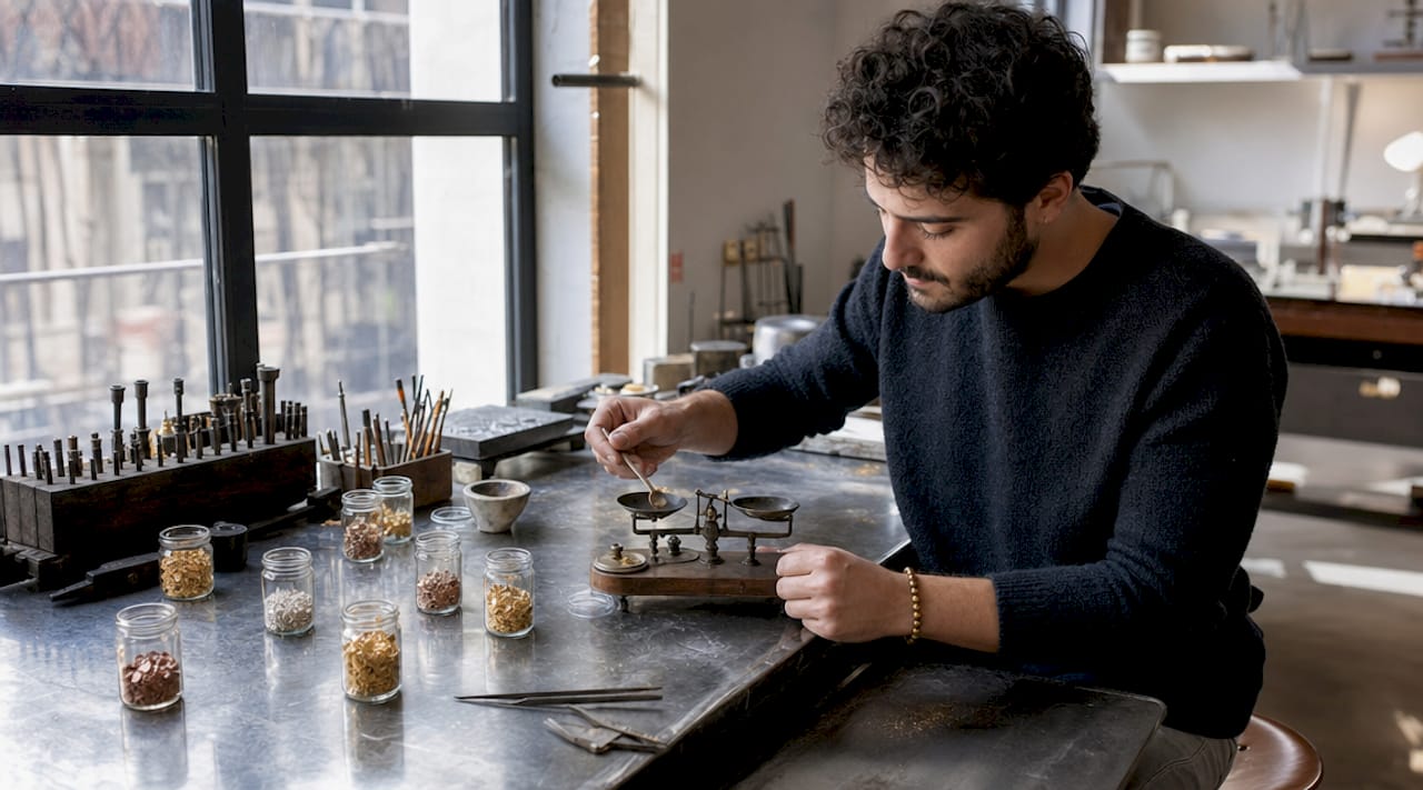 Hands mixing gold alloy metals in studio