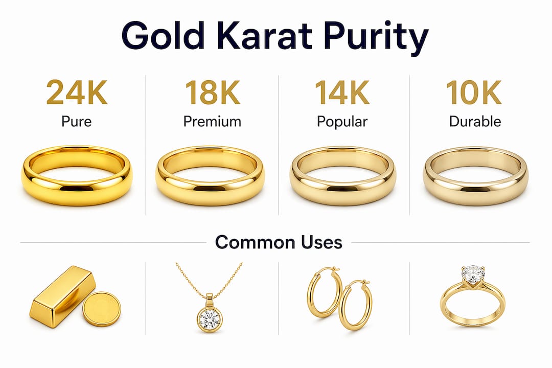 Infographic showing gold karat purity levels and uses