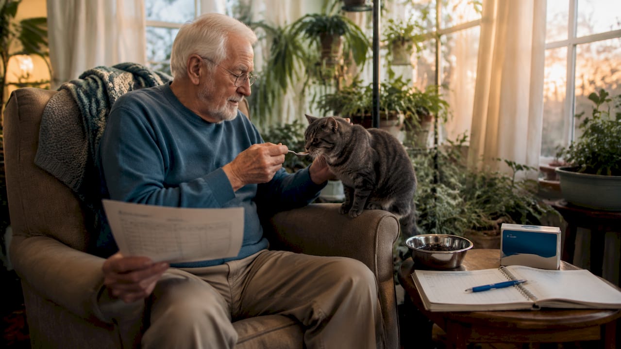 Senior man feeding cat probiotic supplement indoors