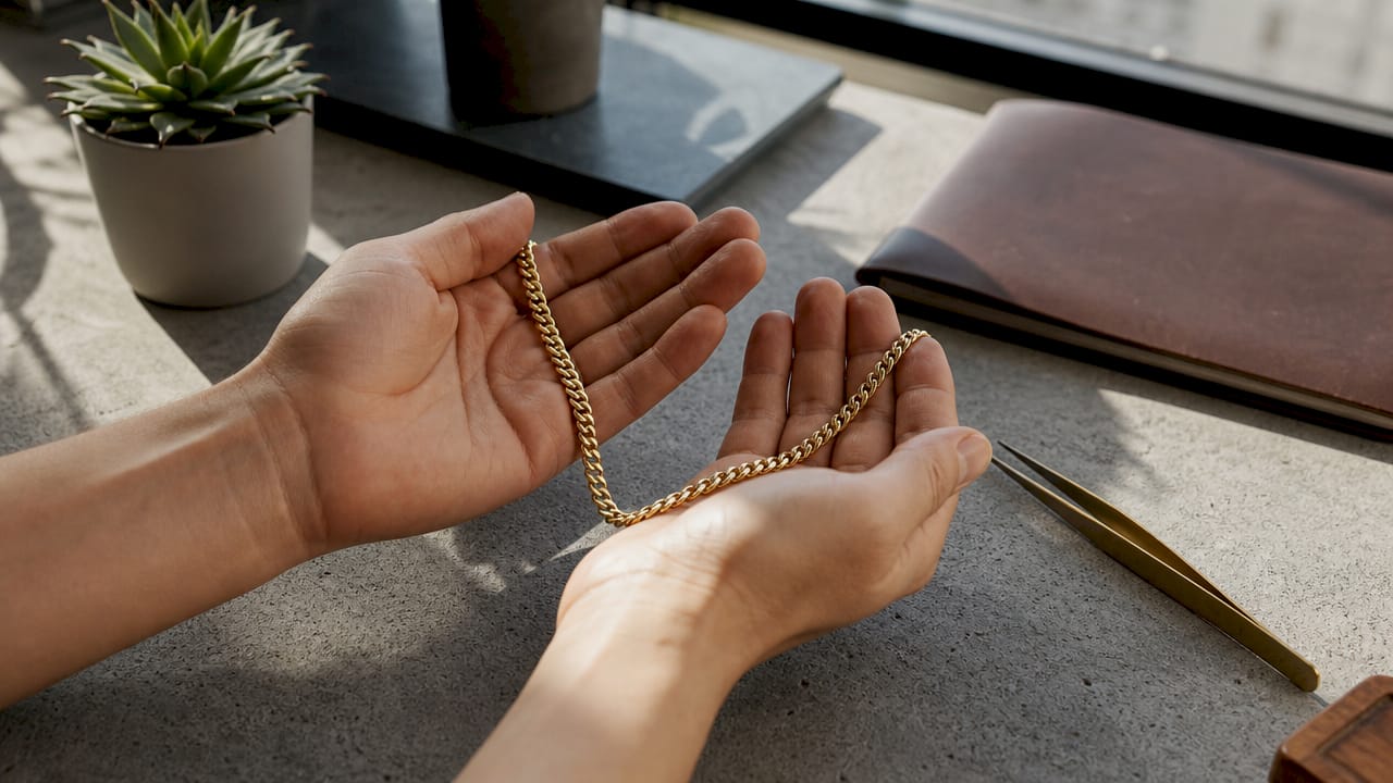 Close-up of hands holding gold Cuban link chain