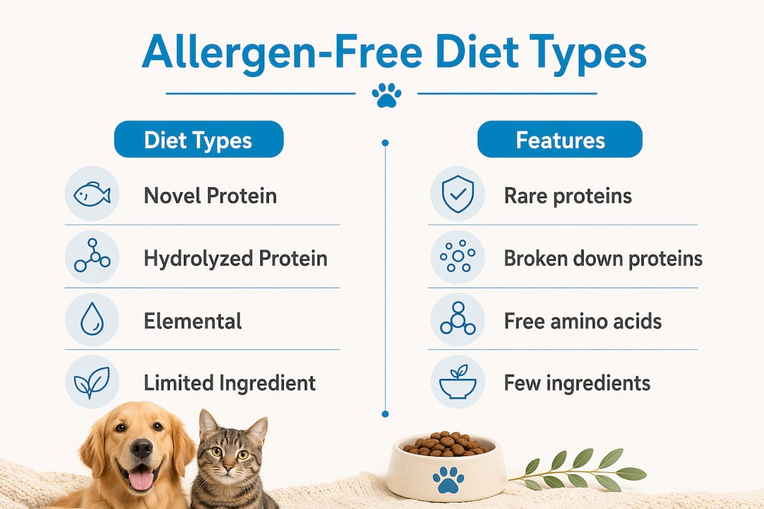 Infographic comparing allergen-free pet diet types