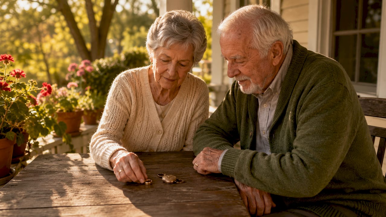 Elderly couple arranging wedding jewelry pieces