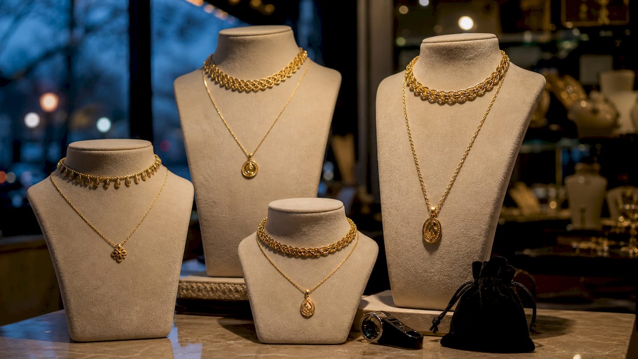 Display of gold necklaces of various lengths in boutique