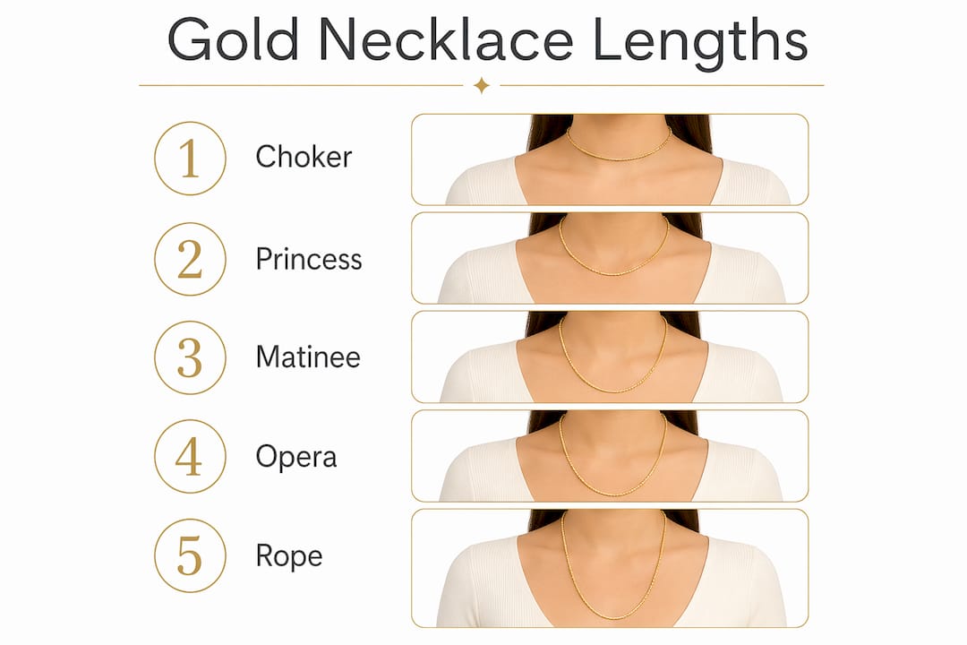 Infographic illustrating standard gold necklace lengths