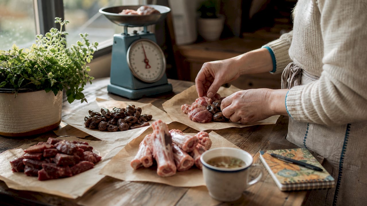 Hands weighing raw pet food portions on kitchen scale