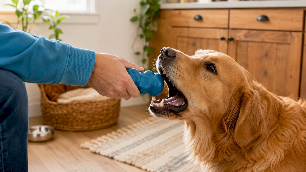 Hand showing rubber chew toy size with dog mouth