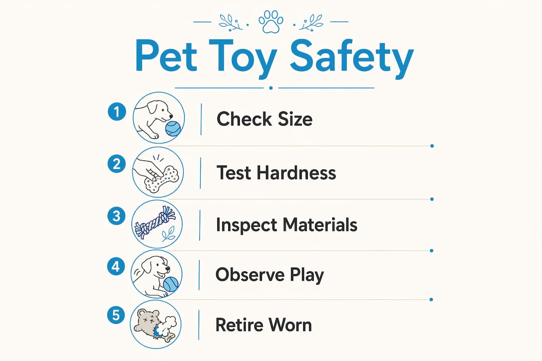 Infographic showing five key pet toy safety steps