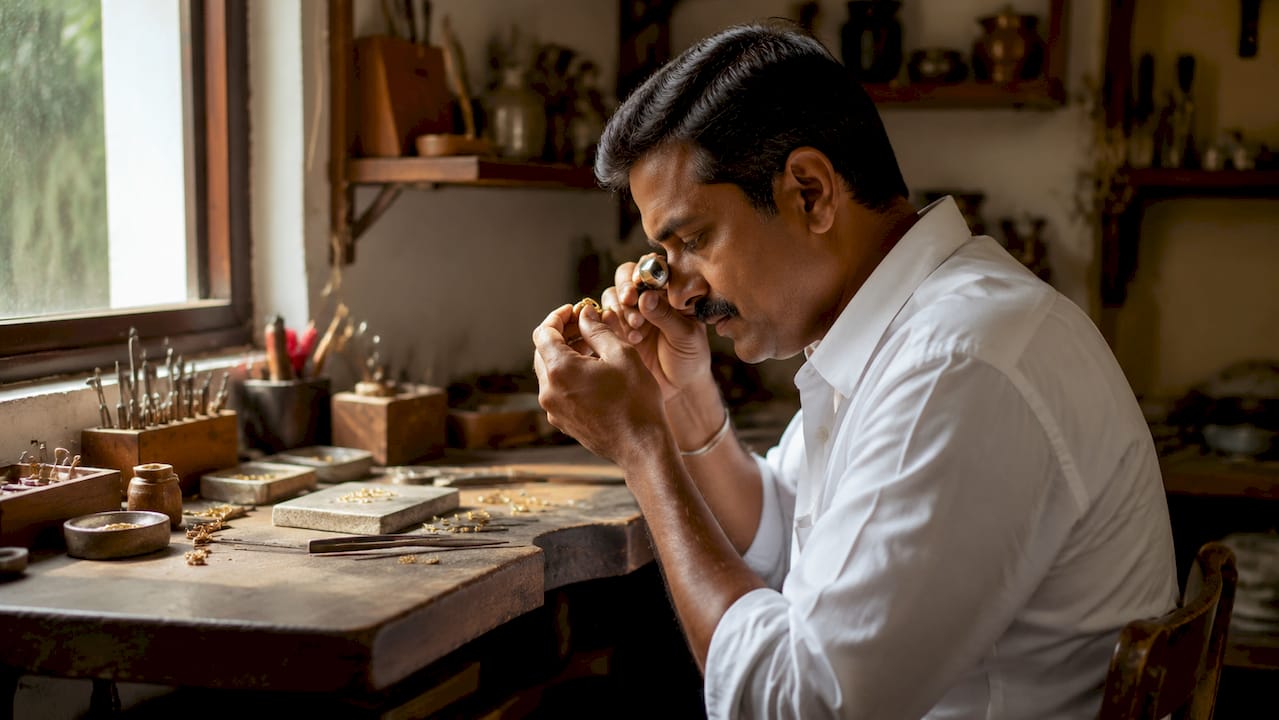 Close-up hands inspecting 18K gold ring with loupe