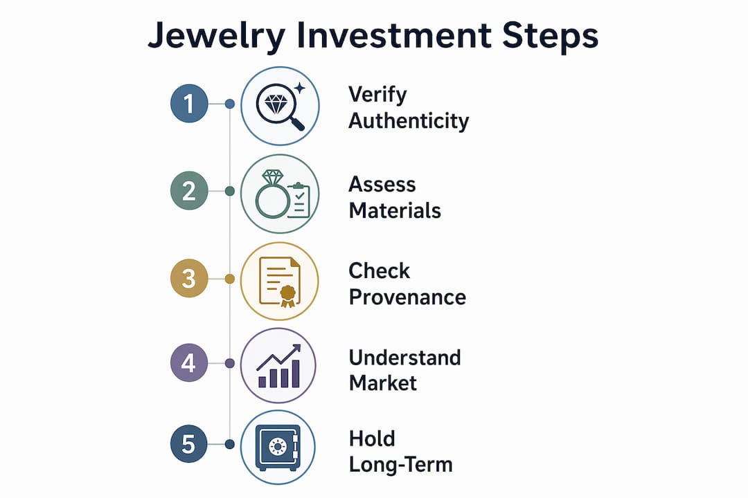 Infographic illustrating jewelry investment evaluation steps