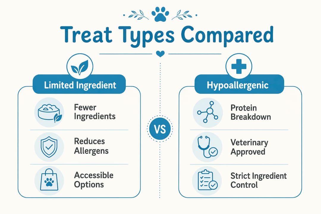 Infographic comparing limited ingredient and hypoallergenic pet treats