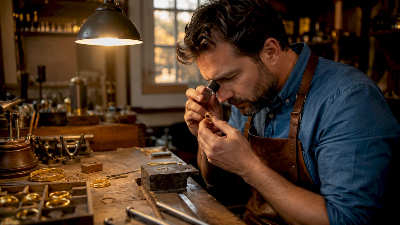 Jeweler inspecting gold ring hallmark with loupe