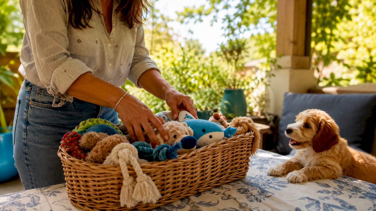 Hands rotating dog toys in bin at home