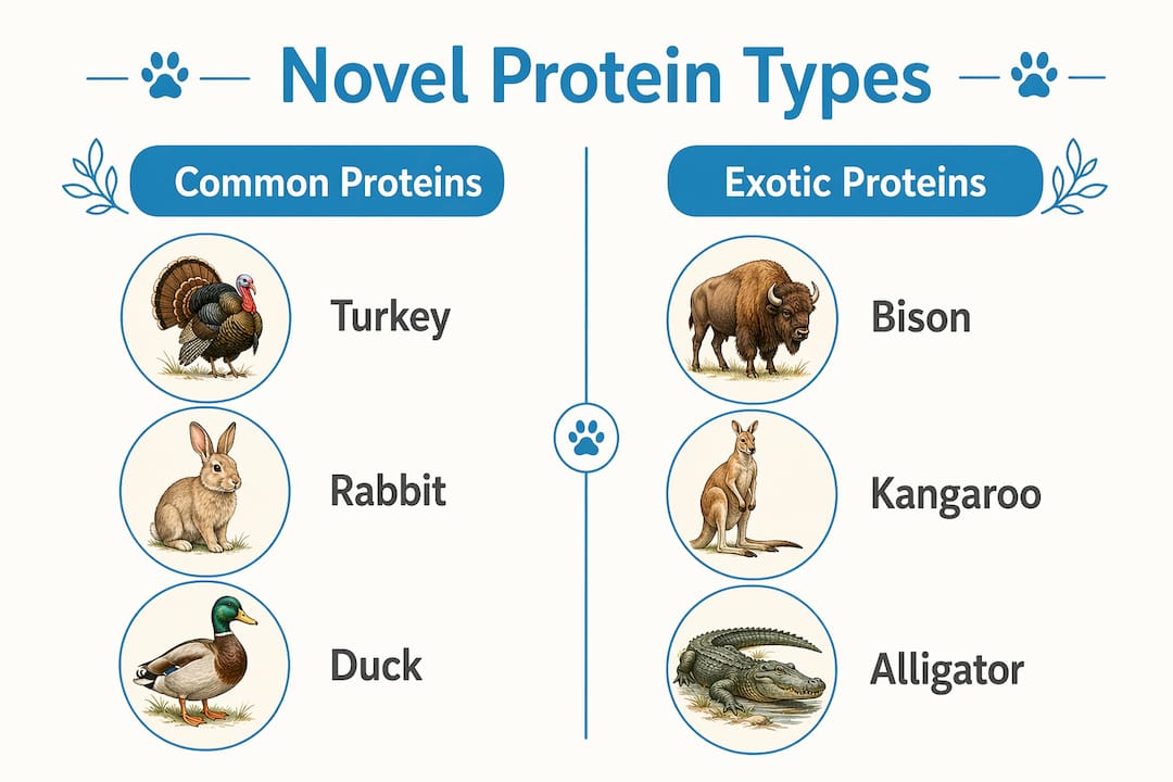 Infographic comparing common versus exotic novel proteins for dog food