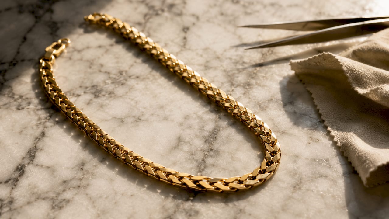 Macro shot of interlocking V-shaped Franco chain links