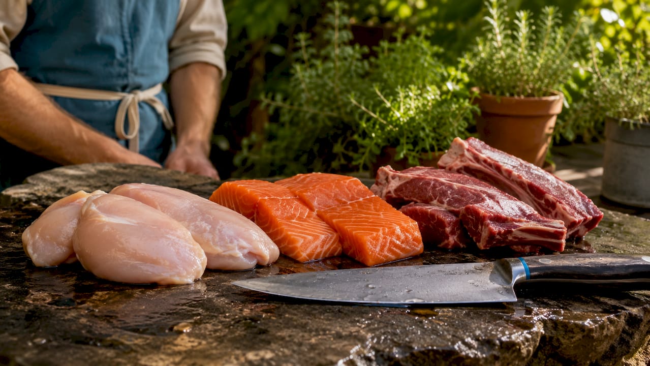 Raw meat variety on wooden board
