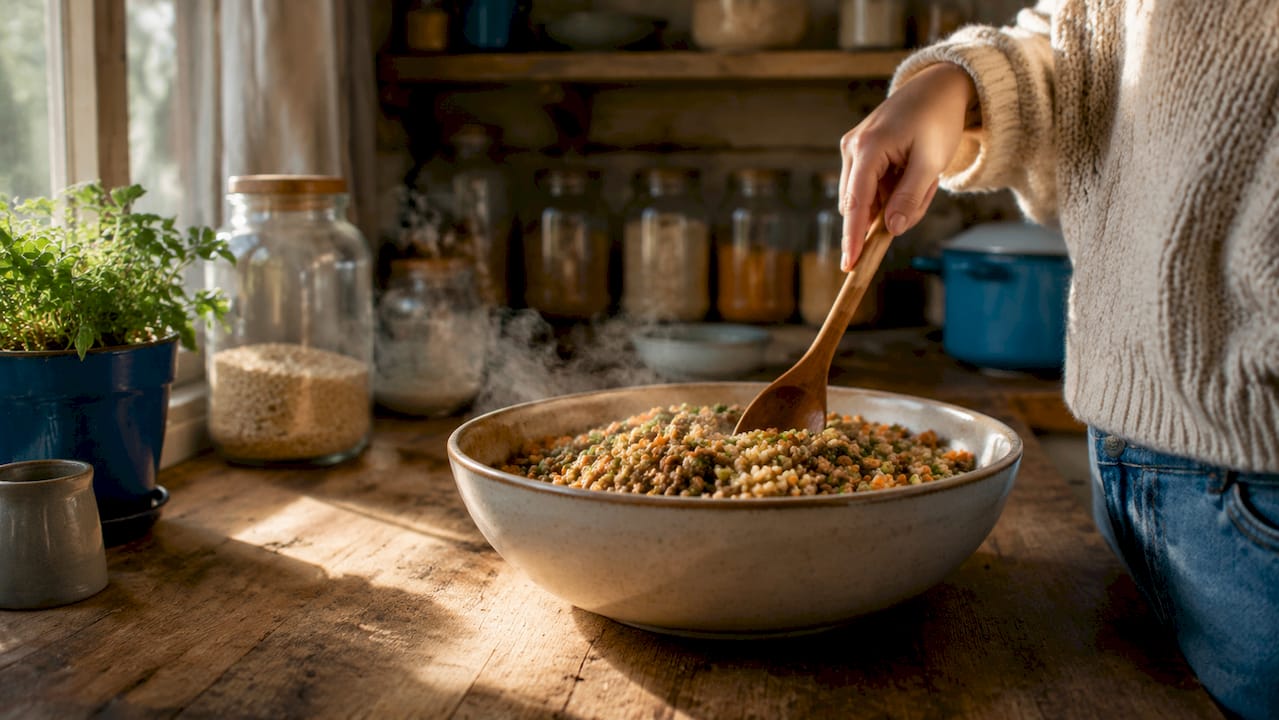 Steaming gently cooked fresh pet food in bowl