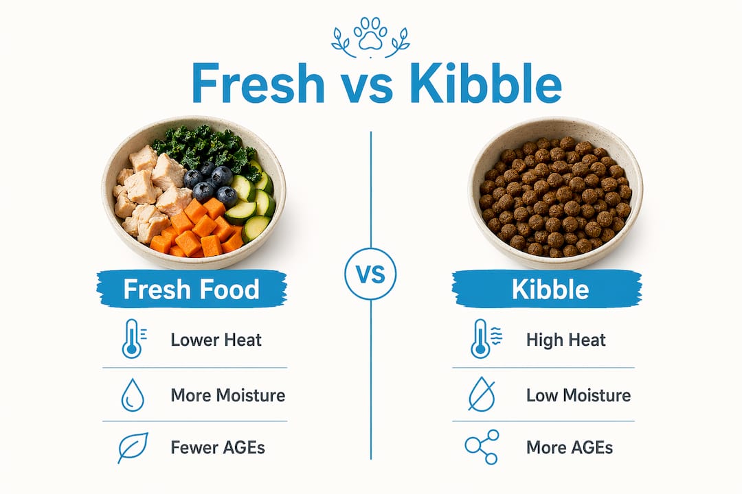 Infographic comparing fresh pet food and kibble attributes