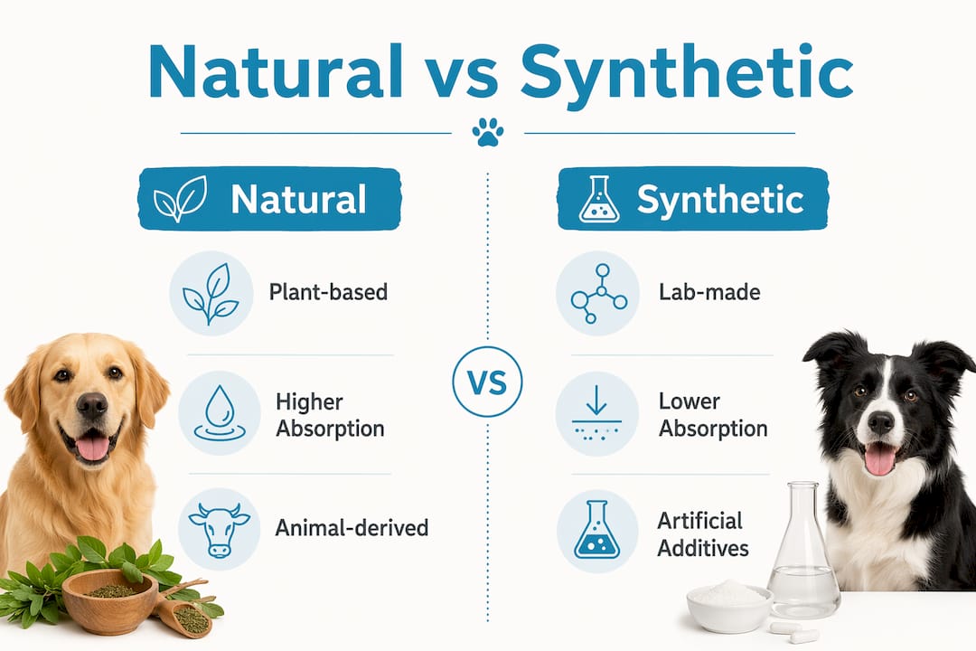 Infographic comparing natural and synthetic pet supplements