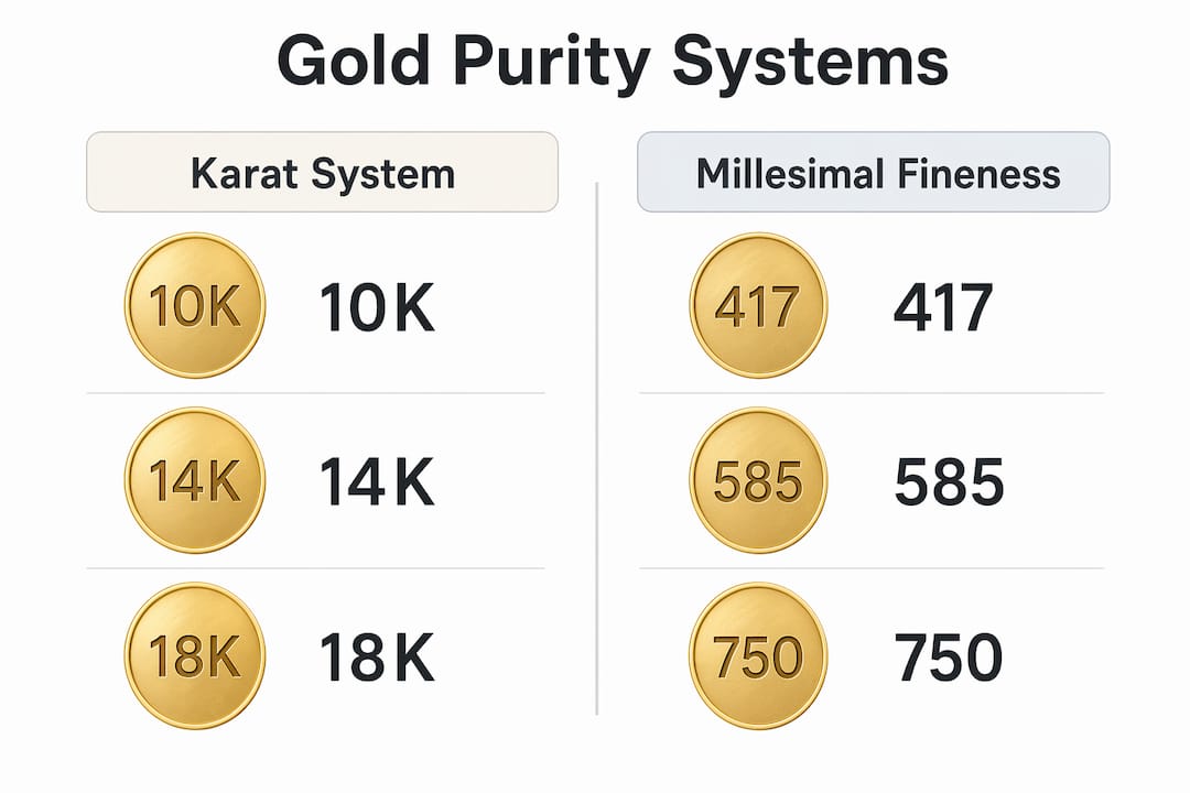 Infographic comparing karat and millesimal gold purity marks