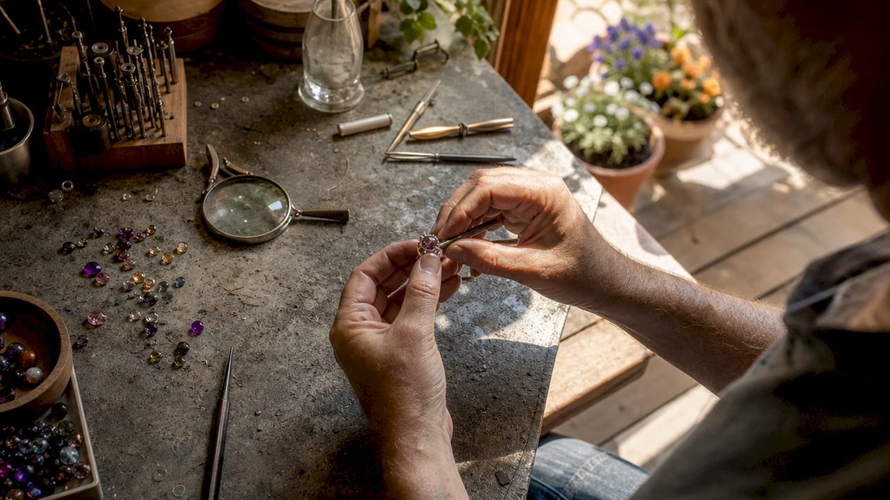 Close-up of hands setting gemstone in ring