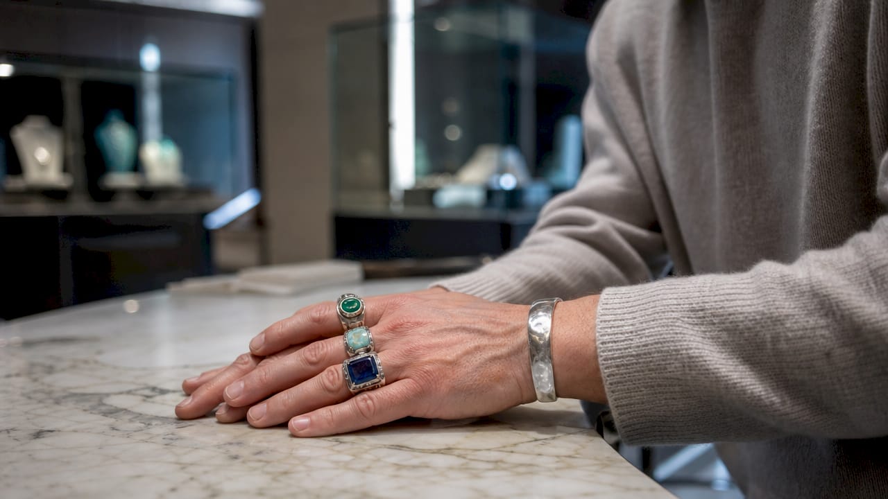 Close-up of bold rings and cuffs on hands
