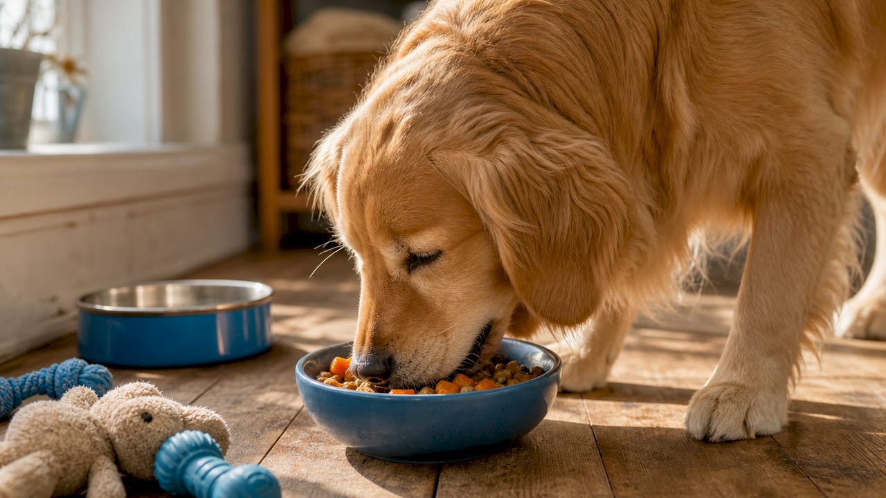 Golden retriever eating soluble fiber dog food