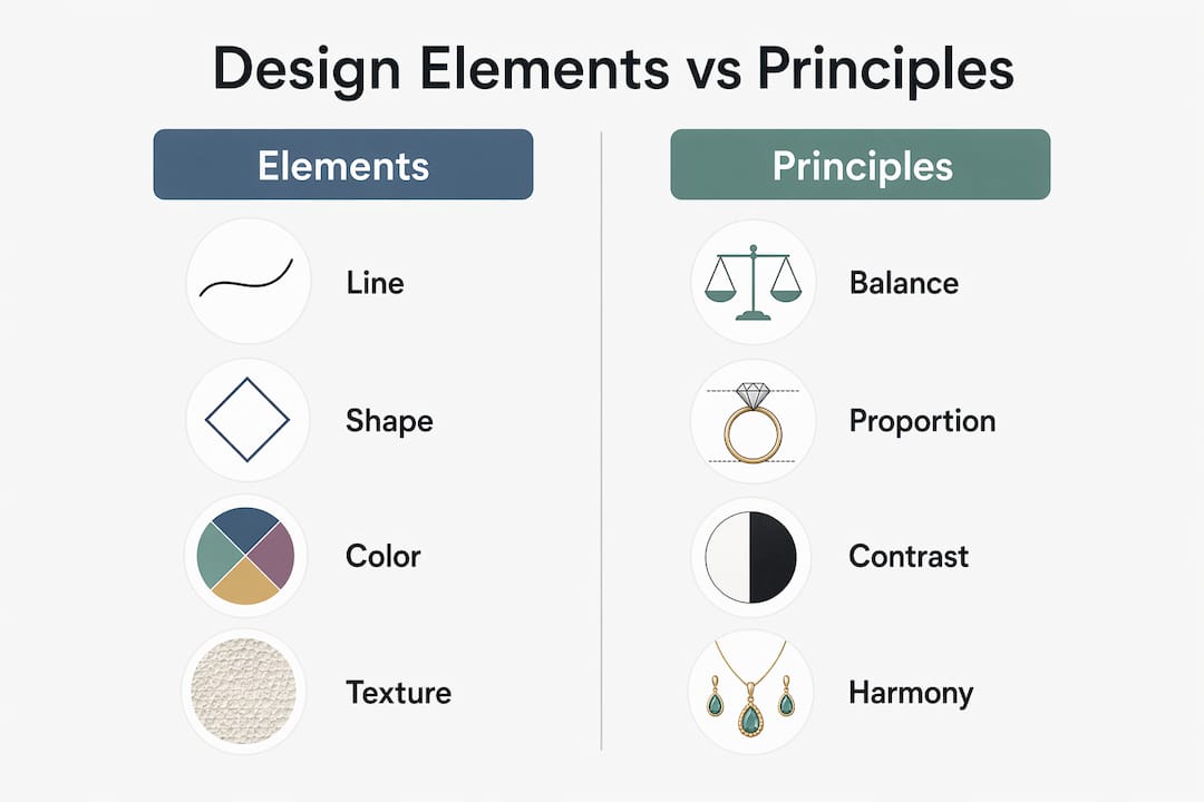Infographic comparing jewelry design elements and principles