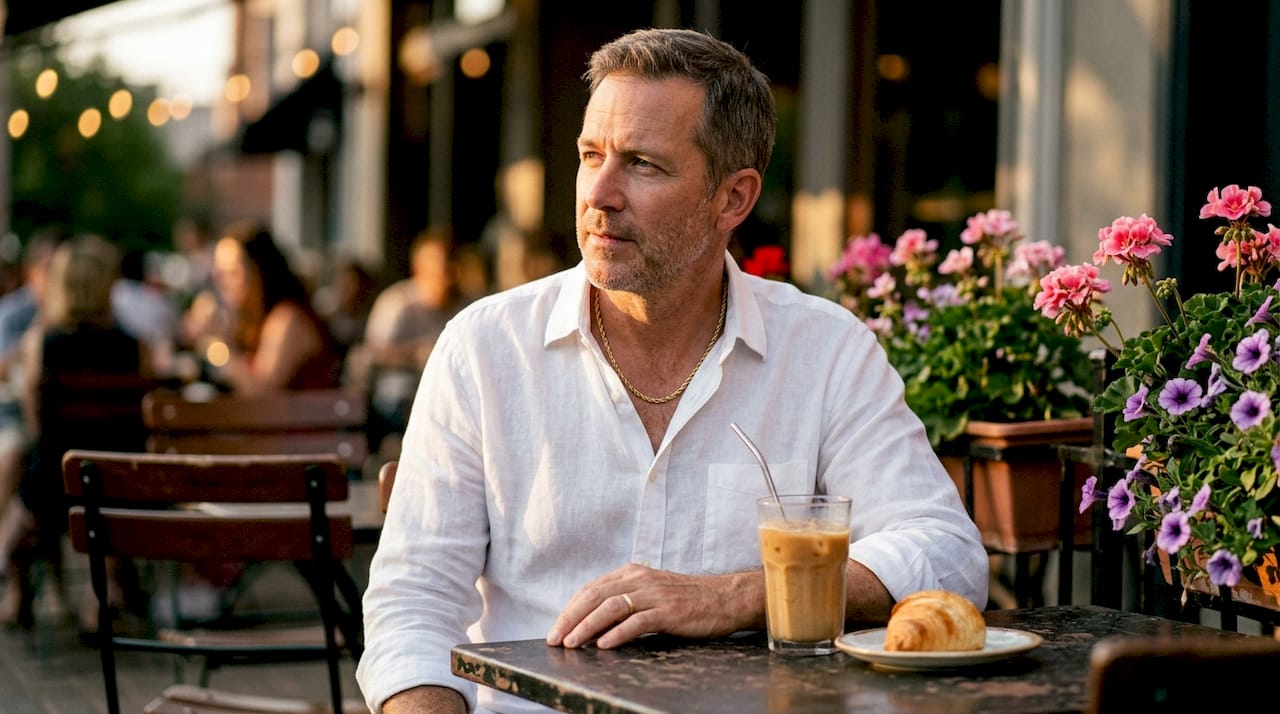 Man with gold chain wearing white shirt in café