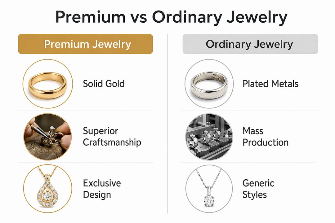 Infographic comparing premium and ordinary jewelry qualities