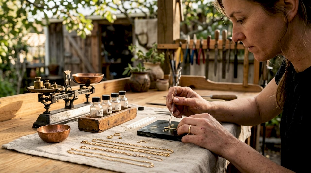 Jeweler testing gold karat purity with tools