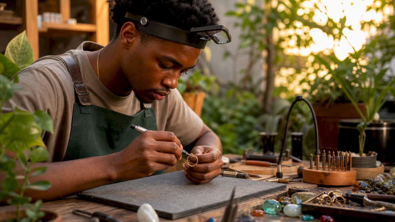 Jeweler repairing gold ring clasp at workbench