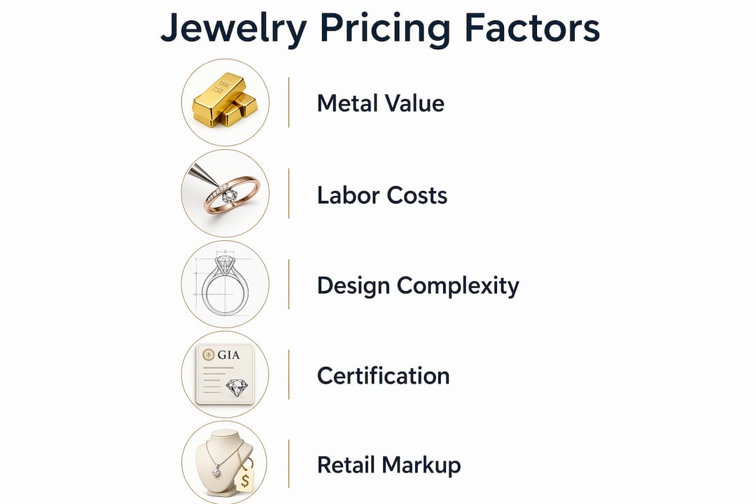 Infographic showing jewelry pricing factors in vertical flow layout