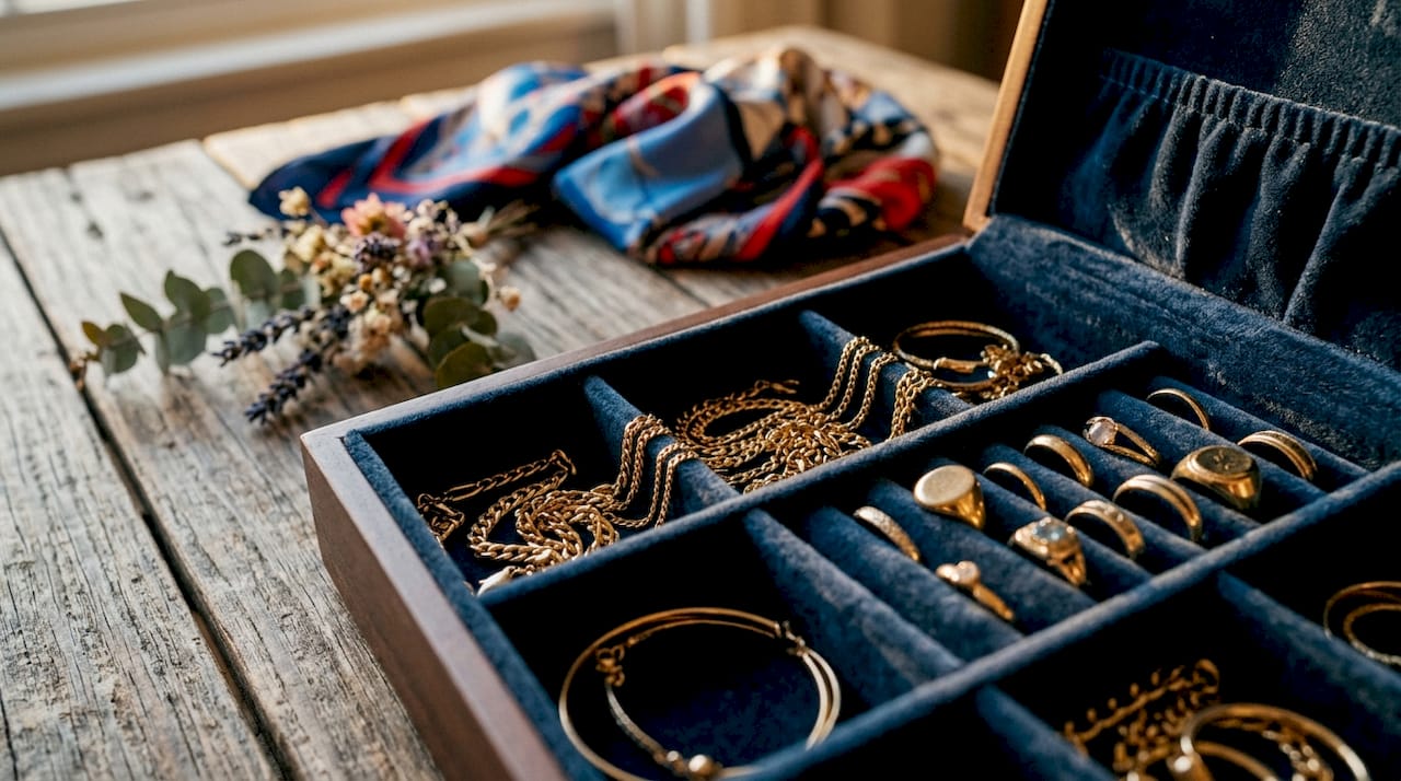 Gold jewelry separated in velvet box compartments